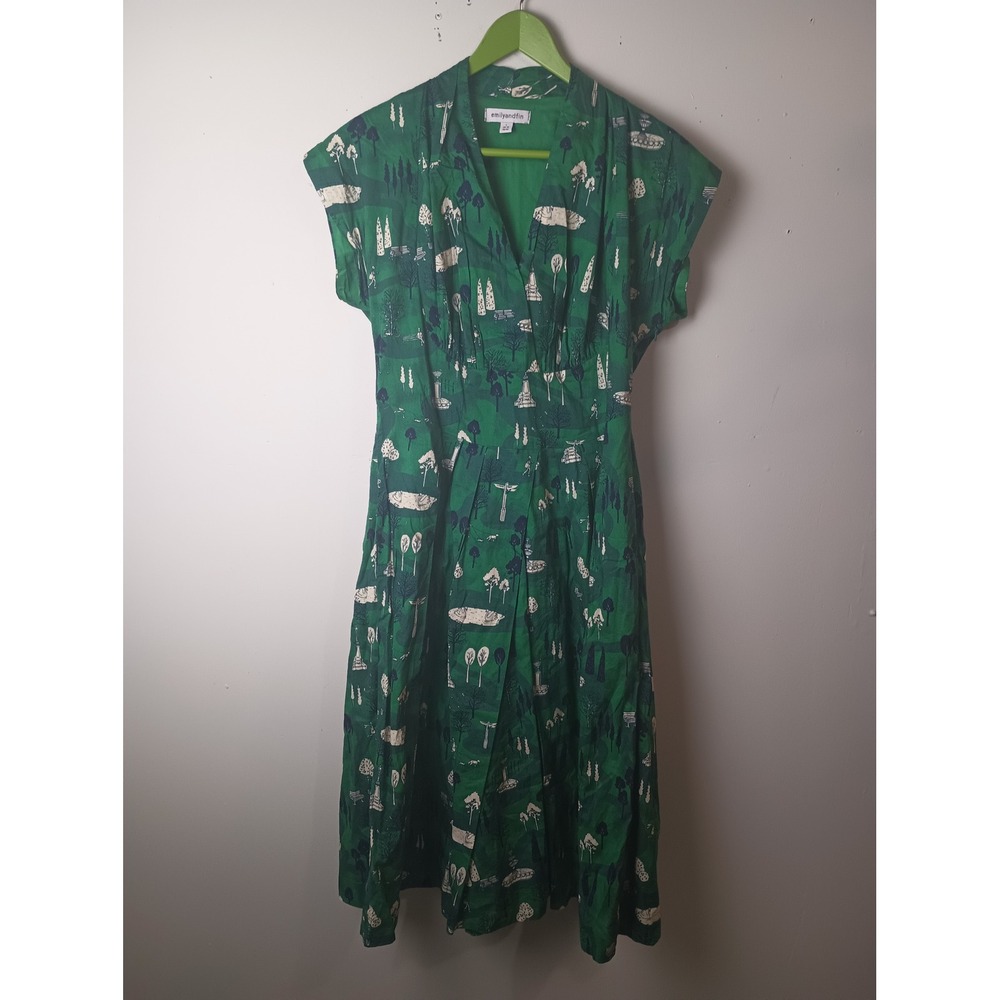 Emily and Fin Green Park Scene Print Cotton Midi Dress V-Neck Cap Sleeve Large
